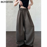 Wide-leg loose suit pants with vintage lace-up
