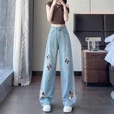 High waist wide-leg jeans with diamond stud and butterfly embroidery