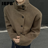 IEFB Fashion Minimalist Solid Color Warm Men's Wool Jacket Stand Collar Long Sleeves Thicken Coat Winter New Tide 9X2038