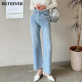 High waist loose jeans with pearl button detail