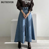 A-line denim skirt with pockets, high waist, and split hem