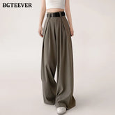 High waist wide-leg solid long trousers with pockets