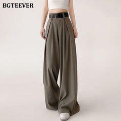 High waist wide-leg solid long trousers with pockets