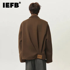 IEFB Back Pleated Design Men's Jackets Woolen Lapel Solid Color Curved Knife Sleeve Korean Style Zipper Male Coats Simple 9X1617