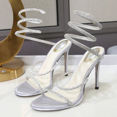 Open toe crystal ankle strap stiletto sandal