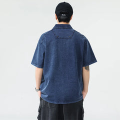 Men Summer Streetwear Outdoor Fashion Knitted Denim Loose Casual Plus Size Short Sleeve Polo Shirt Cityboy T-shirts Man T Shirts