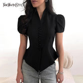 TWOTWINSTYLE Fashionable Irregular Hem Shirt for Women V Neck Lantern Sleeves Spliced Single Breasted Slimming Shirts Female New