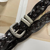 Handwoven genuine leather belt with antique silver buckle for pants