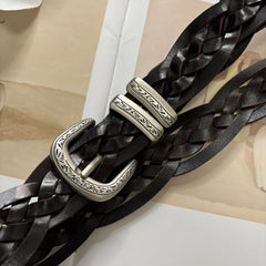 Handwoven genuine leather belt with antique silver buckle for pants