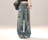 High waist wide-leg distressed jeans with vintage floral print
