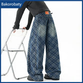 2026 New Men's American Retro Washed Plaid Baggy Jeans Hip Hop Fashion Curved Denim Pants Y2K Streetwear Straight-Leg Jean