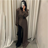 Linen blazer with tie waist and asymmetric hem in dark brown