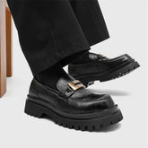 Men's Black Leather Loafers Metal Buckle Decor Chunky Lug Sole Sleek Upper Comfortable Cushioned Insole Stylish Casual Footwear