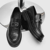 Men's Black Leather Loafers Niche Edgy Style Diamond Buckle Decor Chunky Sole Comfy Cushioned Insole Trendy Young Vibe Casual