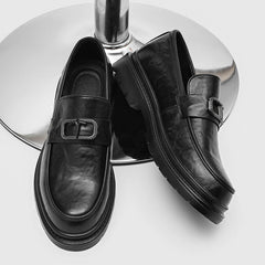 Men's Black Leather Loafers Niche Edgy Style Diamond Buckle Decor Chunky Sole Comfy Cushioned Insole Trendy Young Vibe Casual