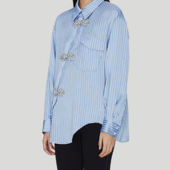 TWOTWINSTYLE Hit Color Spliced Diamonds Loose Blouse for Women Lapel Long Sleeve Pstchwork Pockets Female New