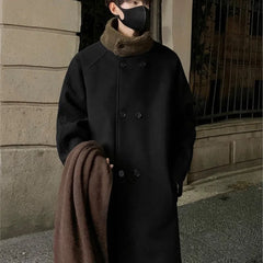 Men's Lamb wool Patchwork Woolen Overcoat Men High-end Stand Collar Casual Loose Korean Style Winter New Elegant Trench Coat