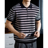 Summer Short Sleeve Knitted Stripe Polo Shirt Men Business Casual Fashion Vintage Commuter Sweater T-shirt Tops Tshirt