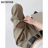 High waist wide-leg solid long trousers with pockets