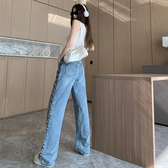 High waist straight jeans with braid hollow-out detail