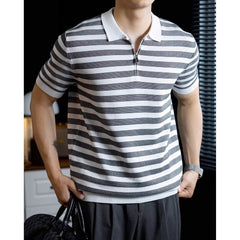 Summer Short Sleeve Knitted Stripe Polo Shirt Men Business Casual Fashion Vintage Commuter Sweater T-shirt Tops Tshirt