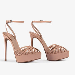 Pointed toe platform sandal with narrow band and thin heel