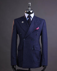 Navy Men's Suits Tailored 2 Pieces Blazer Pants Peaked Lapel Double Breasted Pinstripes New Wedding Groom Custom Made Plus Size