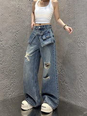 High waist wide-leg ripped jeans with patch detail