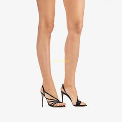 Pointed toe multi-strap sandal with thin heel and buckle