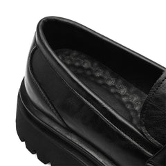 Men's Black Leather Loafers Metal Buckle Decor Chunky Lug Sole Sleek Upper Comfortable Cushioned Insole Stylish Casual Footwear
