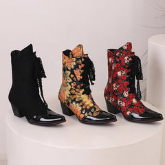 Pointed toe ankle boot with thick heel in skull floral patchwork fabric