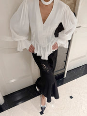 TWOTWINSTYLE White Loose Spliced Folds Chic Shirt for Women V Neck Long Sleeve Elegant French Shirts Female Summer Fashion New