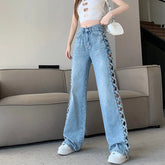 High waist straight jeans with braid hollow-out detail