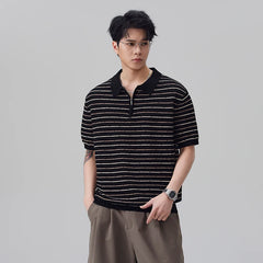 Summer Short Sleeve Knitted Stripe Polo Shirt Men Business Casual Fashion Vintage Commute T-shirts Male Streetwear Tshirt Tops