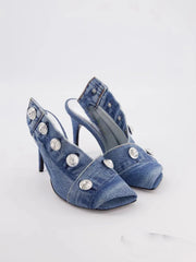 Square toe fishmouth denim button slipper with super high heel