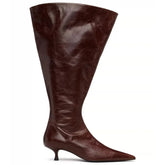 Pointed toe wide-tube knee-high boot with low heel and side zipper