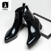 Patent Leather Mens Platform Boots with Heels Luxury Real Cow Leather Winter Warm Shoes Increase Height 5 Cm Side Zip No Laces