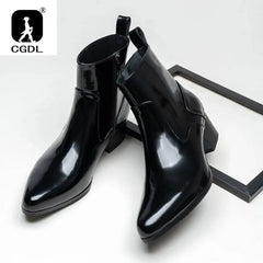 Patent Leather Mens Platform Boots with Heels Luxury Real Cow Leather Winter Warm Shoes Increase Height 5 Cm Side Zip No Laces