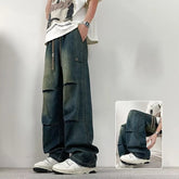 Autumn Men's Hip Hop Fashion Pleated Jeans High Street Straight-Leg Baggy Denim Trousers 2026 New Casual Drawstring Y2K jean