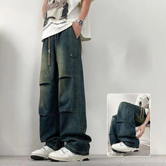 Autumn Men's Hip Hop Fashion Pleated Jeans High Street Straight-Leg Baggy Denim Trousers 2026 New Casual Drawstring Y2K jean