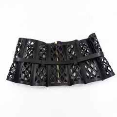 Openwork mesh wide waist belt in curved leather for women