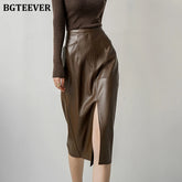 Midi package hip split skirt in PU leather with high waist