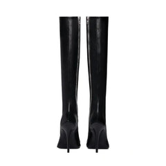 Pointed toe knee-high skinny boot with thin heel and side zipper