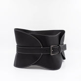 Wide waist belt in top-stitched leather with pin buckle in black