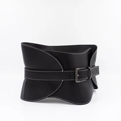 Wide waist belt in top-stitched leather with pin buckle in black
