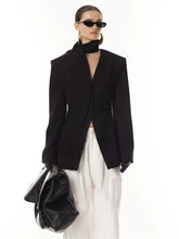 Black V neck asymmetric blazer with padded shoulders in slim fit