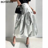 A-line long pleated skirt in silver with high waist