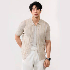 Men Summer Business Casual Fashion Vintage Short Sleeve Knitted Stripe Cardigan Polo Shirt Male Commute Sweater T-shirt Tops