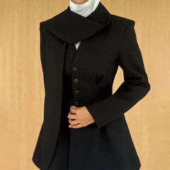 Asymmetric draped collar peplum blazer with structured shoulder in ivory