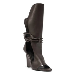 Wedge hollow sandal boot with round peep toe in solid leather